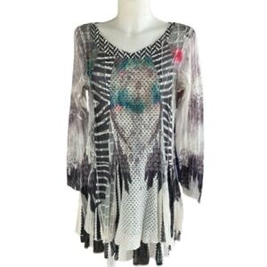 Funsport Mixed Media Print Layered Long Sleeve Mesh Tunic Dress XL